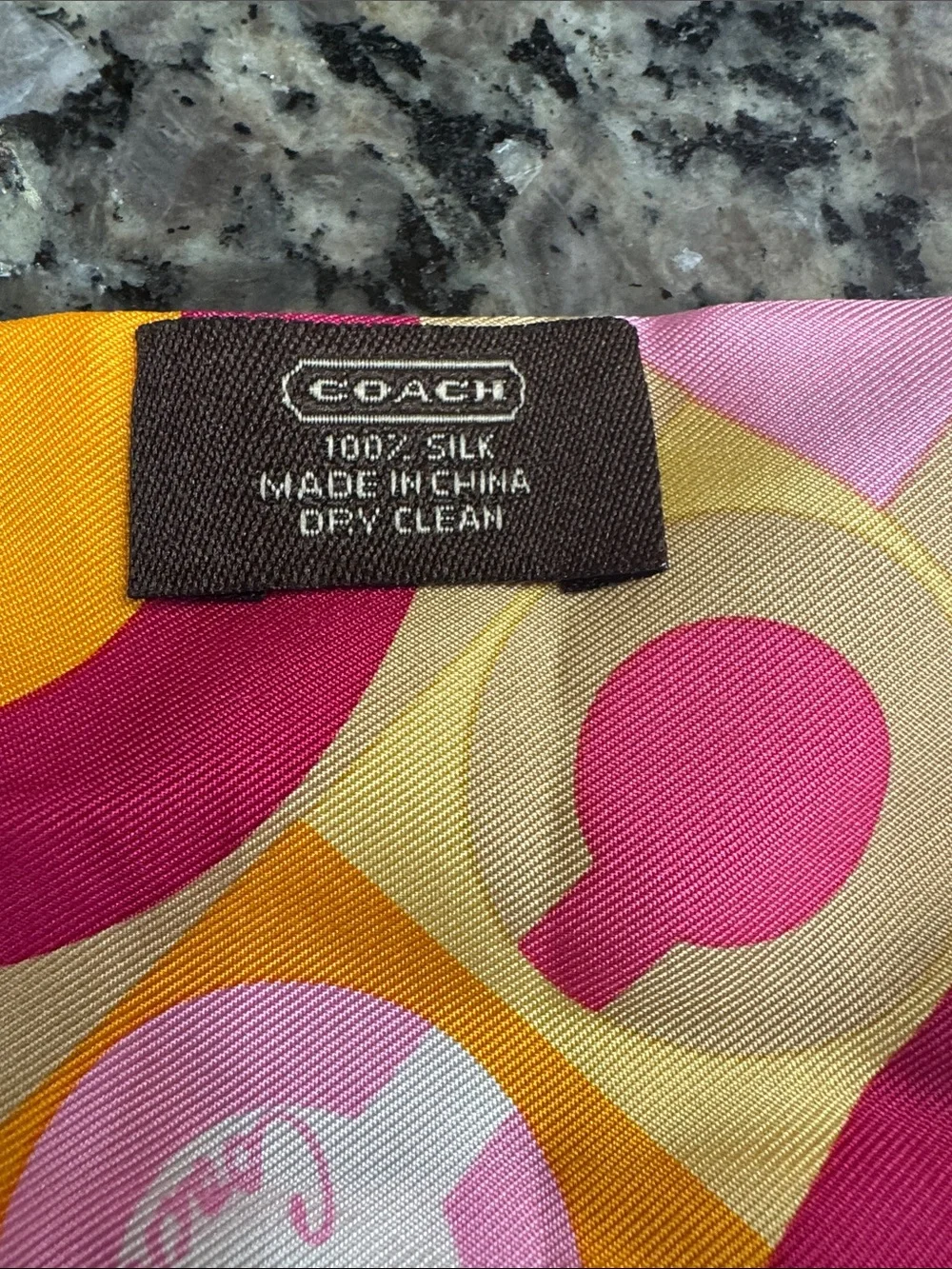 Coach silk twilly scarf Pink, Yellow & Orange Graphic Signature Scarf EUC